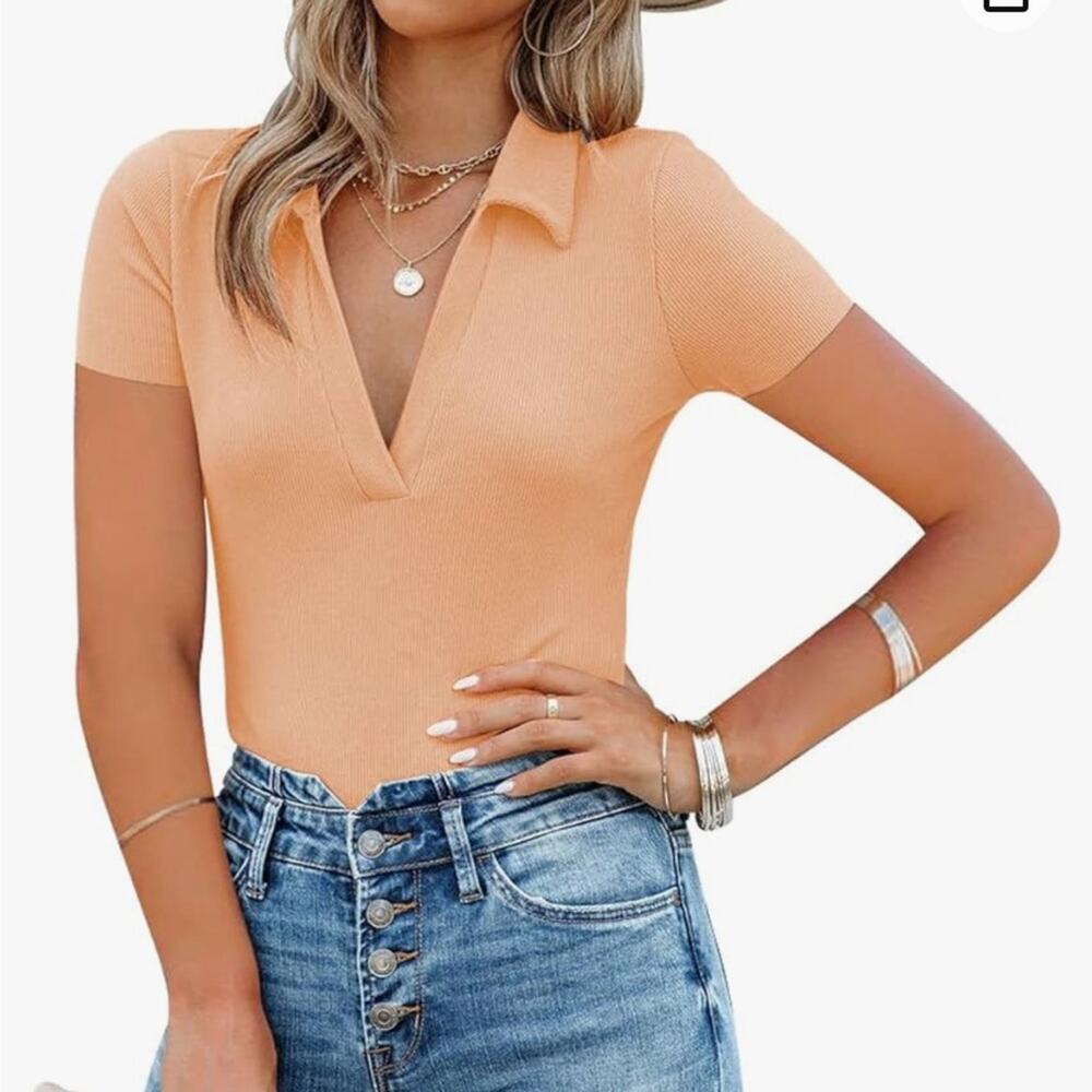 Women's Deep V Neck Short Sleeve Bodysuit Stretch Collar Jumpsuit Leotard Top M